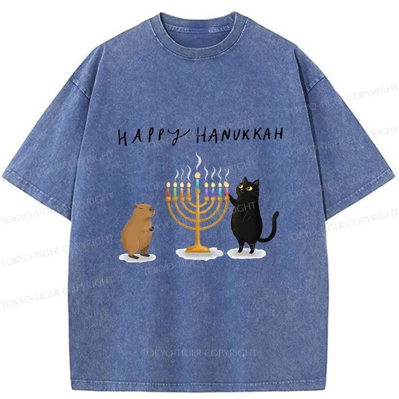 Tokyo-Tiger Cats Light Hanukkah Candles Washed T-Shirt