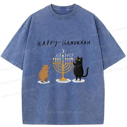 Tokyo-Tiger Cats Light Hanukkah Candles Washed T-Shirt
