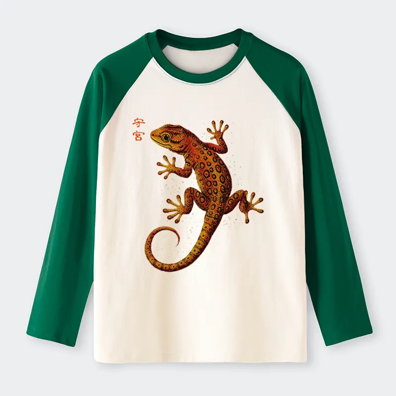 Tokyo-Tiger Retro Gecko Funny Raglan Long Sleeve T-shirt