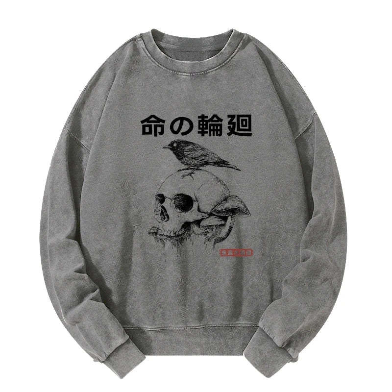Tokyo-Tiger Mushroom Skull Manga Horror Print Washed Sweatshirt