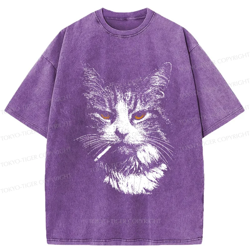 Tokyo-Tiger Handsome Cat Smoking Washed T-Shirt