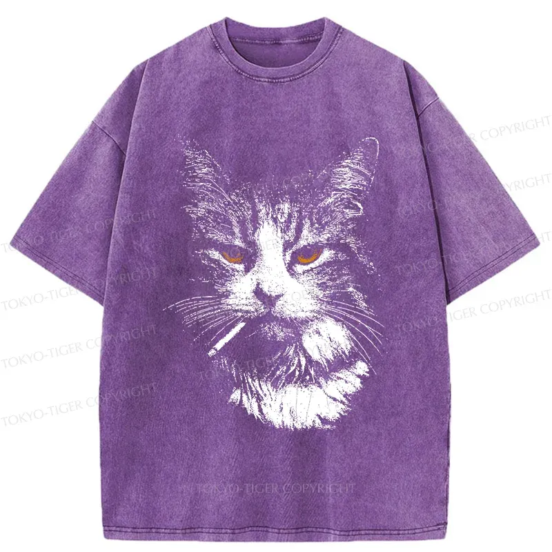 Tokyo-Tiger Handsome Cat Smoking Washed T-Shirt