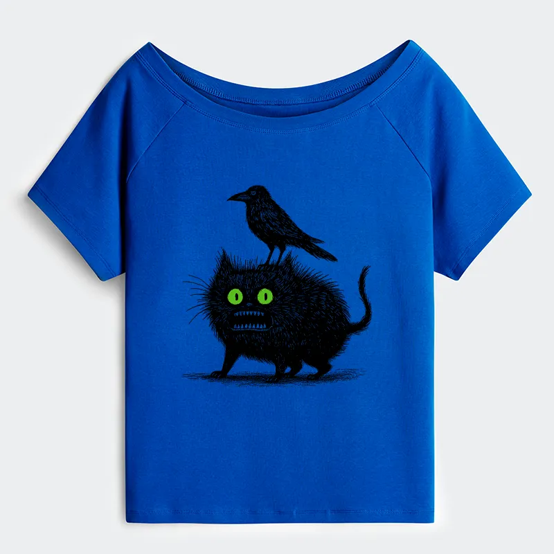 Tokyo-Tiger Crow And Black Cat Off Shoulder T-Shirt