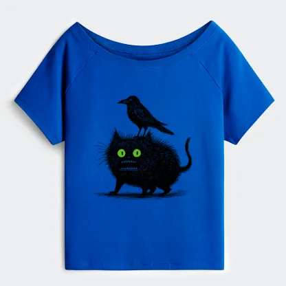 Tokyo-Tiger Crow And Black Cat Off Shoulder T-Shirt