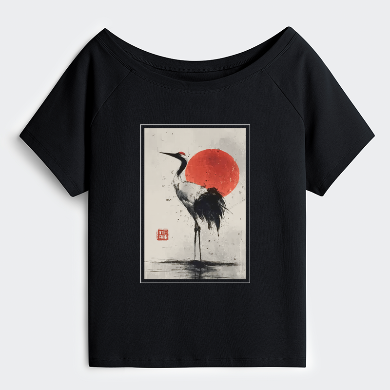 Tokyo-Tiger Retro Japanese Red-crowned Crane Off Shoulder T-Shirt