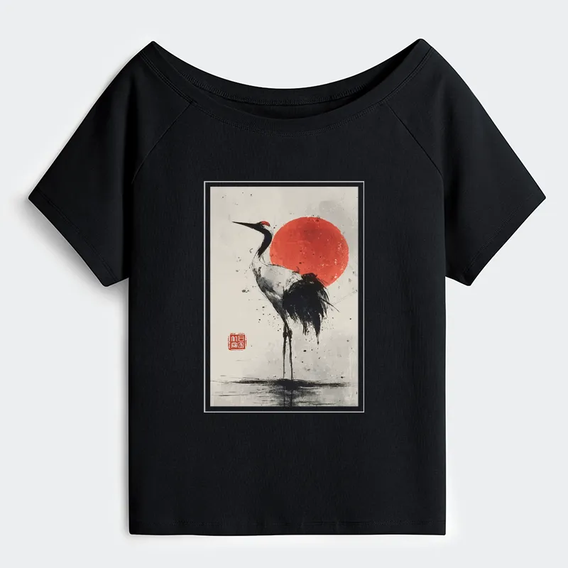 Tokyo-Tiger Retro Japanese Red-crowned Crane Off Shoulder T-Shirt