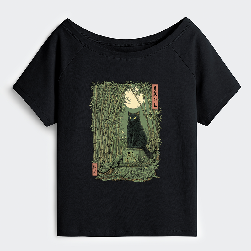 Tokyo-Tiger Black Cat In The Bamboo Forest Off Shoulder T-Shirt