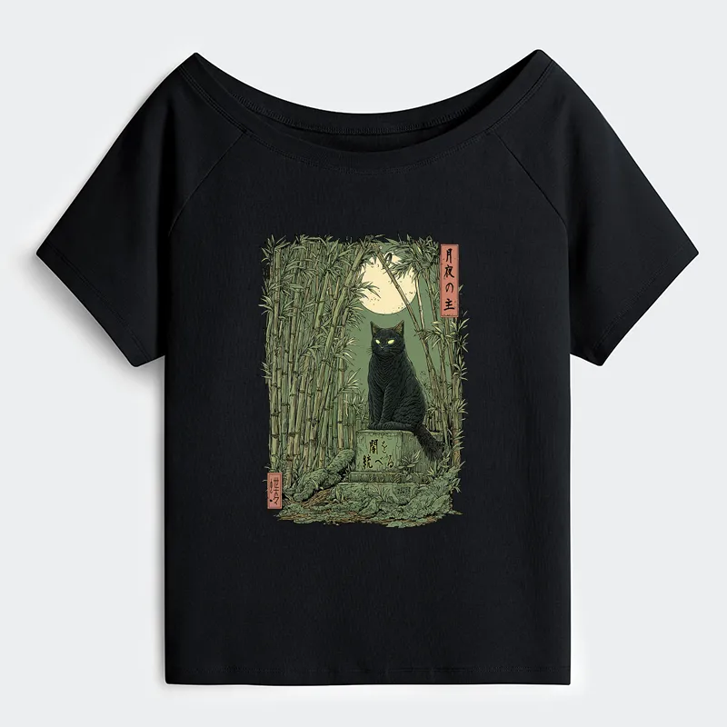 Tokyo-Tiger Black Cat In The Bamboo Forest Off Shoulder T-Shirt