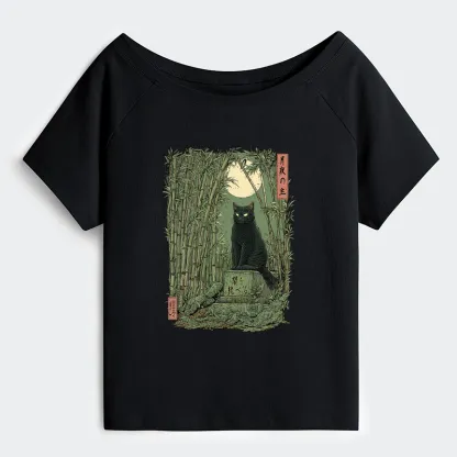 Tokyo-Tiger Black Cat In The Bamboo Forest Off Shoulder T-Shirt