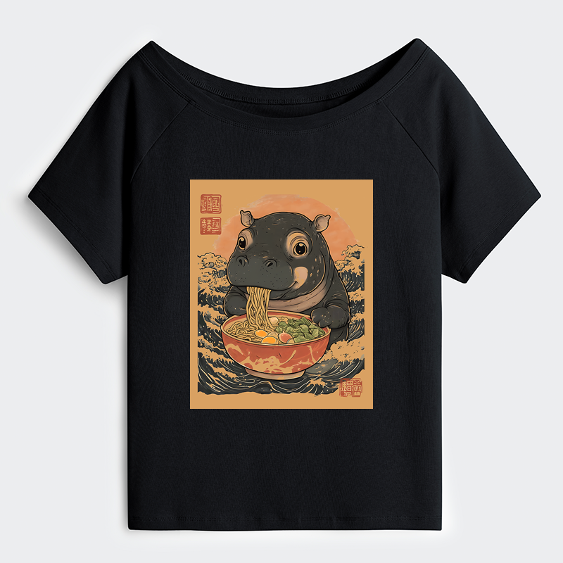 Tokyo-Tiger Moo Deng Eat Ramen Off Shoulder T-Shirt