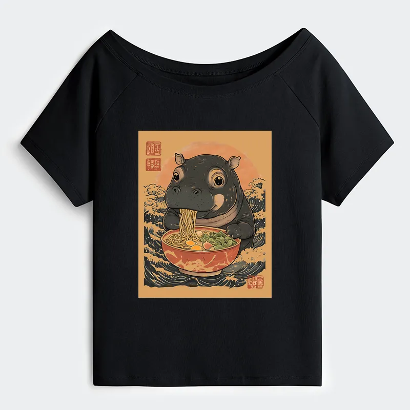 Tokyo-Tiger Moo Deng Eat Ramen Off Shoulder T-Shirt
