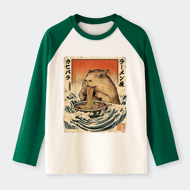 Tokyo-Tiger Hamster Eating Ramen Raglan Long Sleeve T-shirt