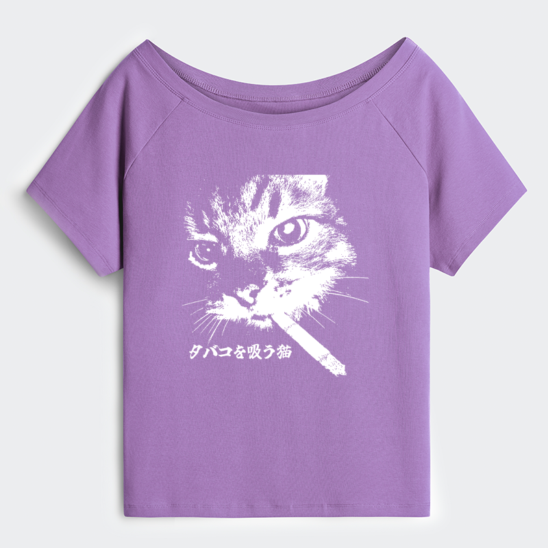 Tokyo-Tiger Retro Cat Smoking Off Shoulder T-Shirt