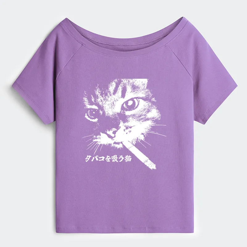 Tokyo-Tiger Retro Cat Smoking Off Shoulder T-Shirt