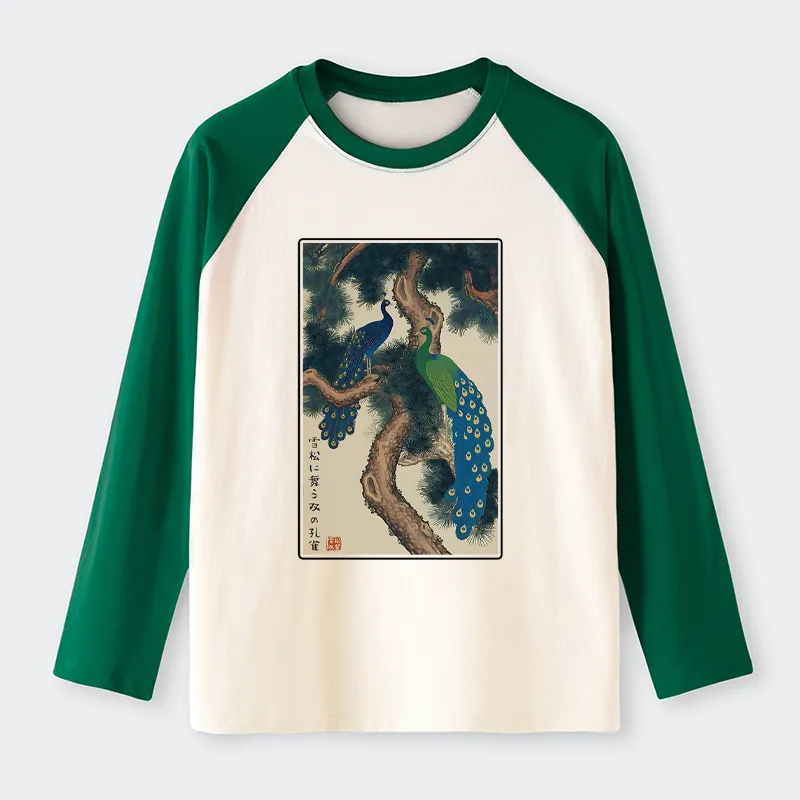 Tokyo-Tiger Peacocks In Snowy Pines Raglan Long Sleeve T-shirt