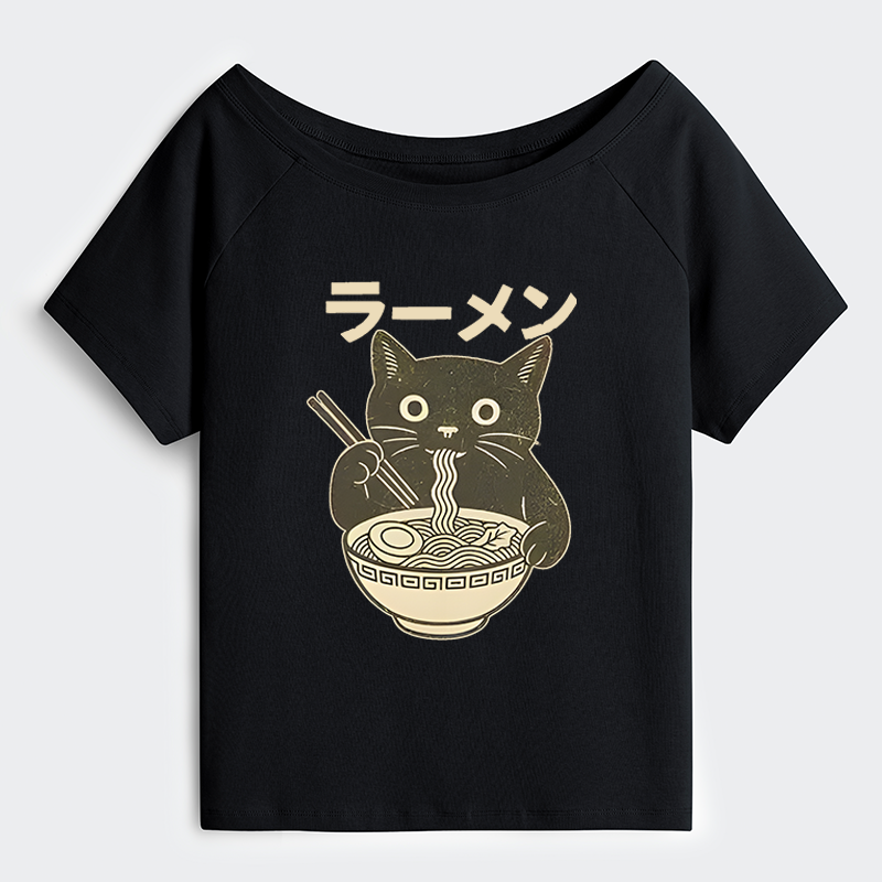 Tokyo-Tiger Simple Black Cat Eating Ramen Off Shoulder T-Shirt
