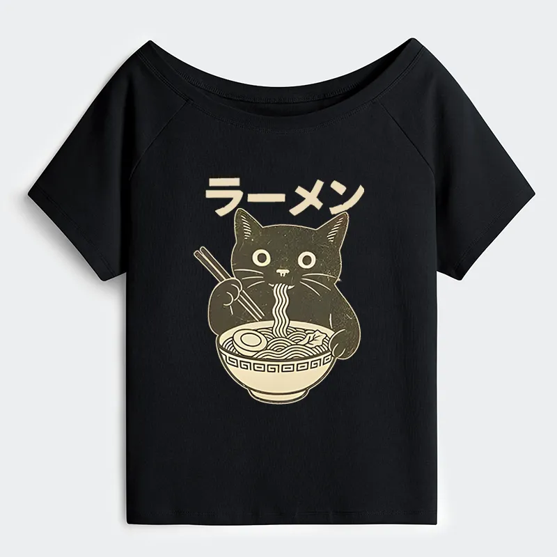 Tokyo-Tiger Simple Black Cat Eating Ramen Off Shoulder T-Shirt