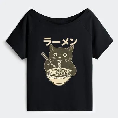 Tokyo-Tiger Simple Black Cat Eating Ramen Off Shoulder T-Shirt