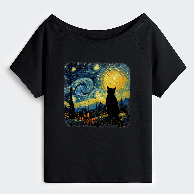 Tokyo-Tiger The Starry Night Cat Off Shoulder T-Shirt