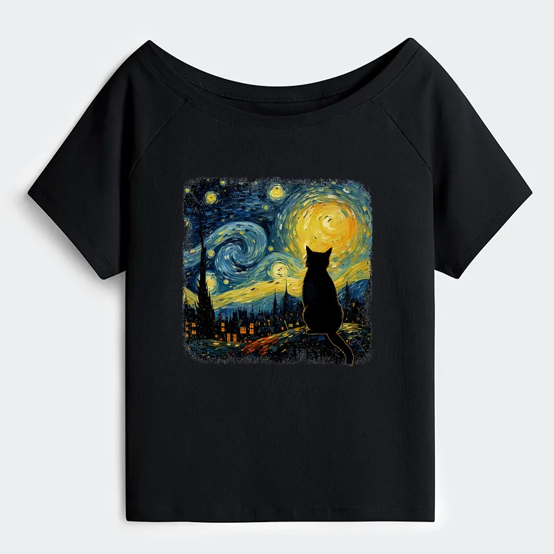 Tokyo-Tiger The Starry Night Cat Off Shoulder T-Shirt