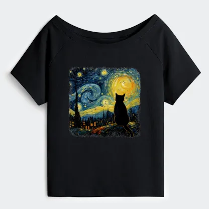 Tokyo-Tiger The Starry Night Cat Off Shoulder T-Shirt