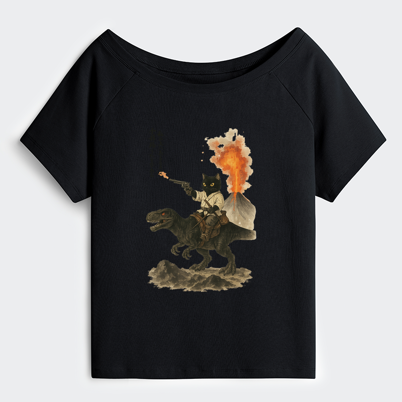 Tokyo-Tiger Cat Riding A Dinosaur Off Shoulder T-Shirt