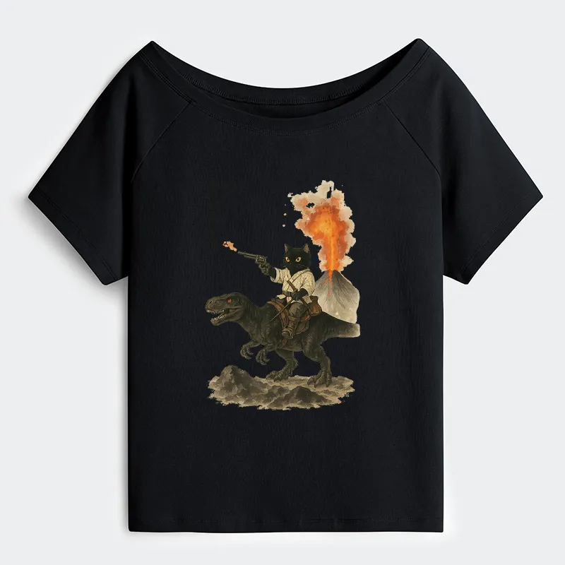 Tokyo-Tiger Cat Riding A Dinosaur Off Shoulder T-Shirt