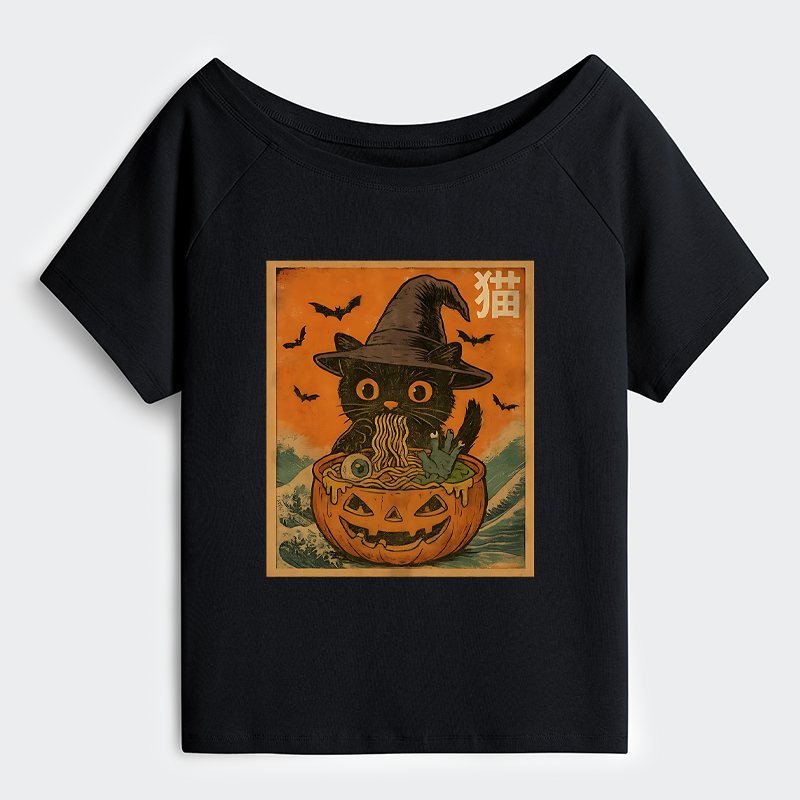 Tokyo-Tiger Halloween Cat Eating Ramen Off Shoulder T-Shirt