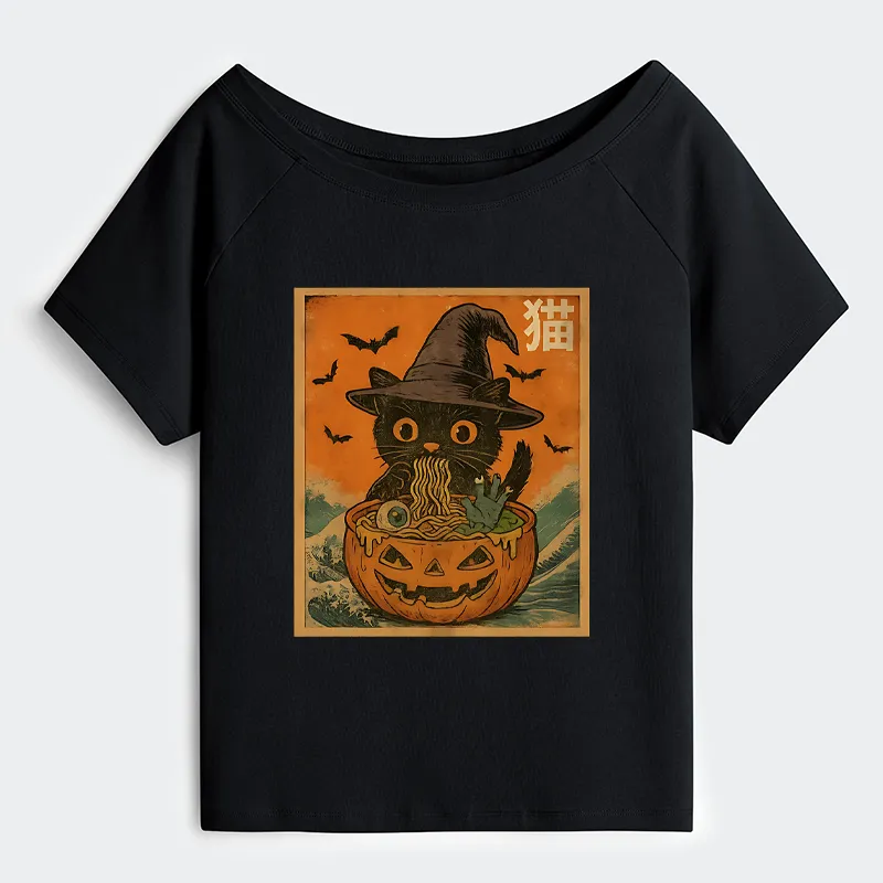Tokyo-Tiger Halloween Cat Eating Ramen Off Shoulder T-Shirt