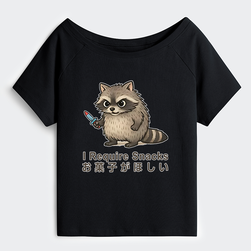 Tokyo-Tiger Raccoons Need Snacks Funny Off Shoulder T-Shirt