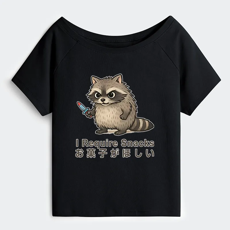 Tokyo-Tiger Raccoons Need Snacks Funny Off Shoulder T-Shirt