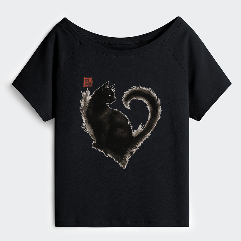 Tokyo-Tiger Funny Heart-Shaped Ink Off Shoulder T-Shirt