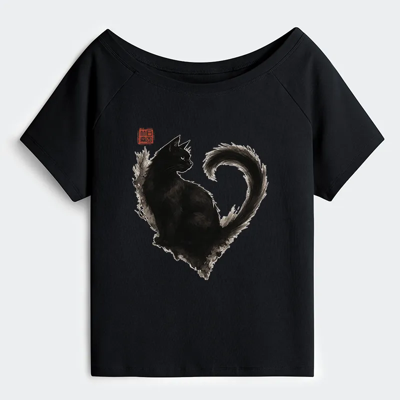 Tokyo-Tiger Funny Heart-Shaped Ink Off Shoulder T-Shirt