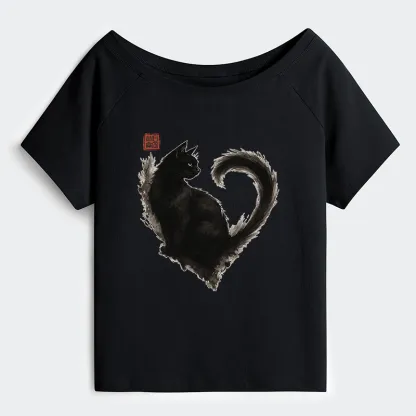 Tokyo-Tiger Funny Heart-Shaped Ink Off Shoulder T-Shirt