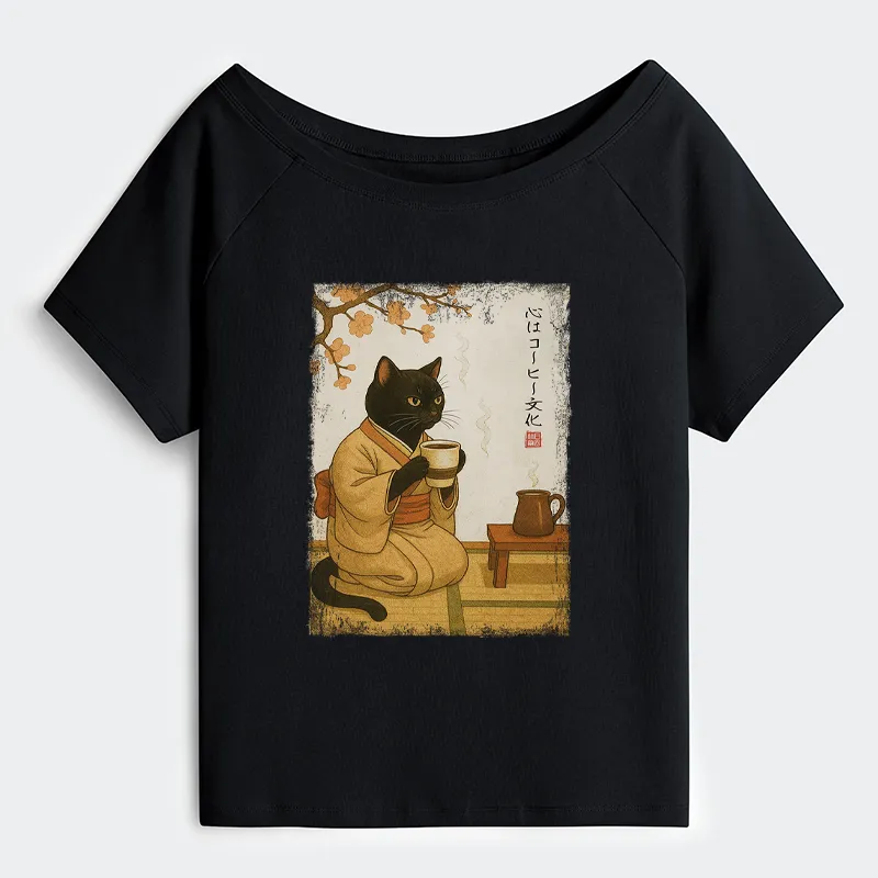 Tokyo-Tiger Cat Heart Full Of Coffee Off Shoulder T-Shirt