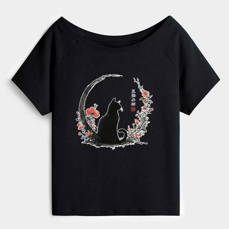 okyo-Tiger Black Cat And Flowers Off Shoulder T-Shirt