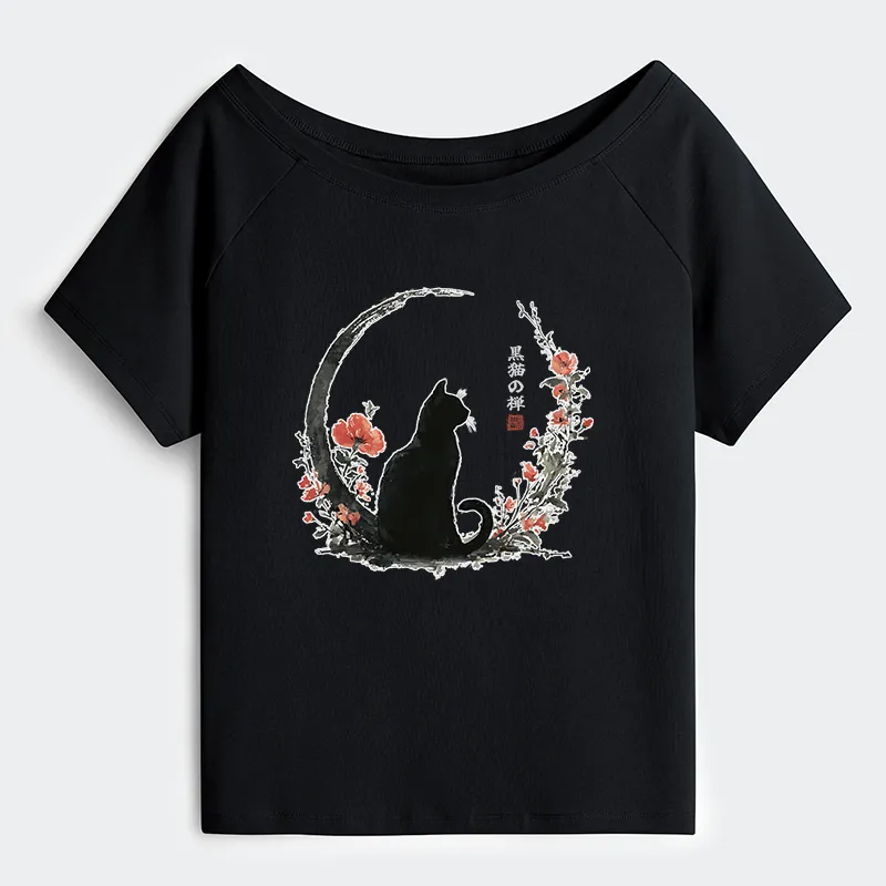 okyo-Tiger Black Cat And Flowers Off Shoulder T-Shirt