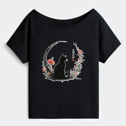 okyo-Tiger Black Cat And Flowers Off Shoulder T-Shirt