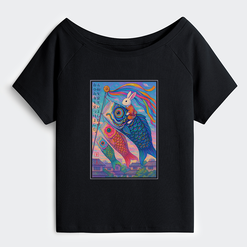 Tokyo-Tiger Ukiyoe Rabbit Ride Carp Streamer Poster Off Shoulder T-Shirt