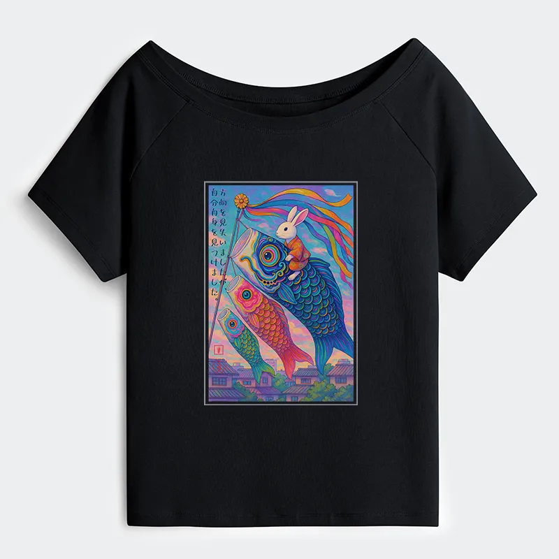 Tokyo-Tiger Ukiyoe Rabbit Ride Carp Streamer Poster Off Shoulder T-Shirt