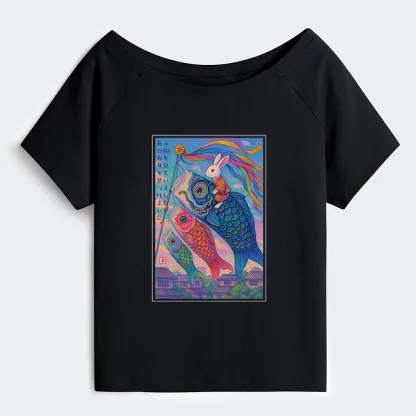Tokyo-Tiger Ukiyoe Rabbit Ride Carp Streamer Poster Off Shoulder T-Shirt