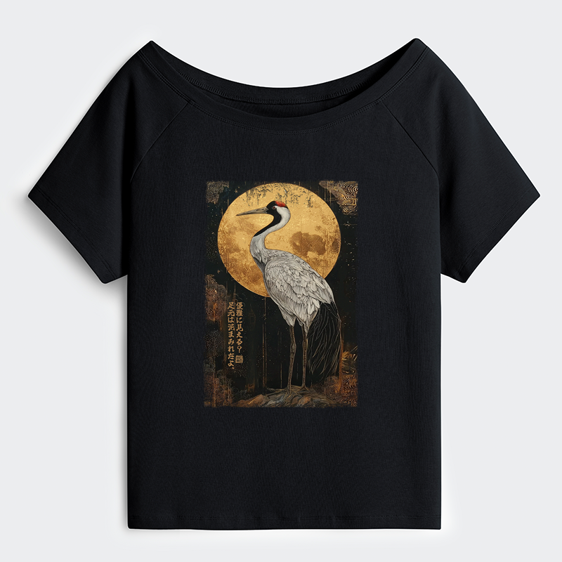 Tokyo-Tiger Vintage Japanese Crane Kanji Off Shoulder T-Shirt