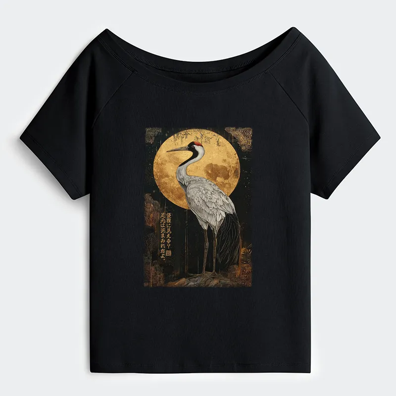 Tokyo-Tiger Vintage Japanese Crane Kanji Off Shoulder T-Shirt