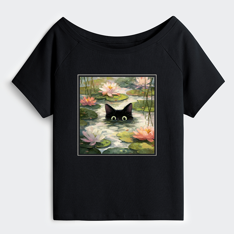 Tokyo-Tiger Black Cat and Lotus Flower Off Shoulder T-Shirt