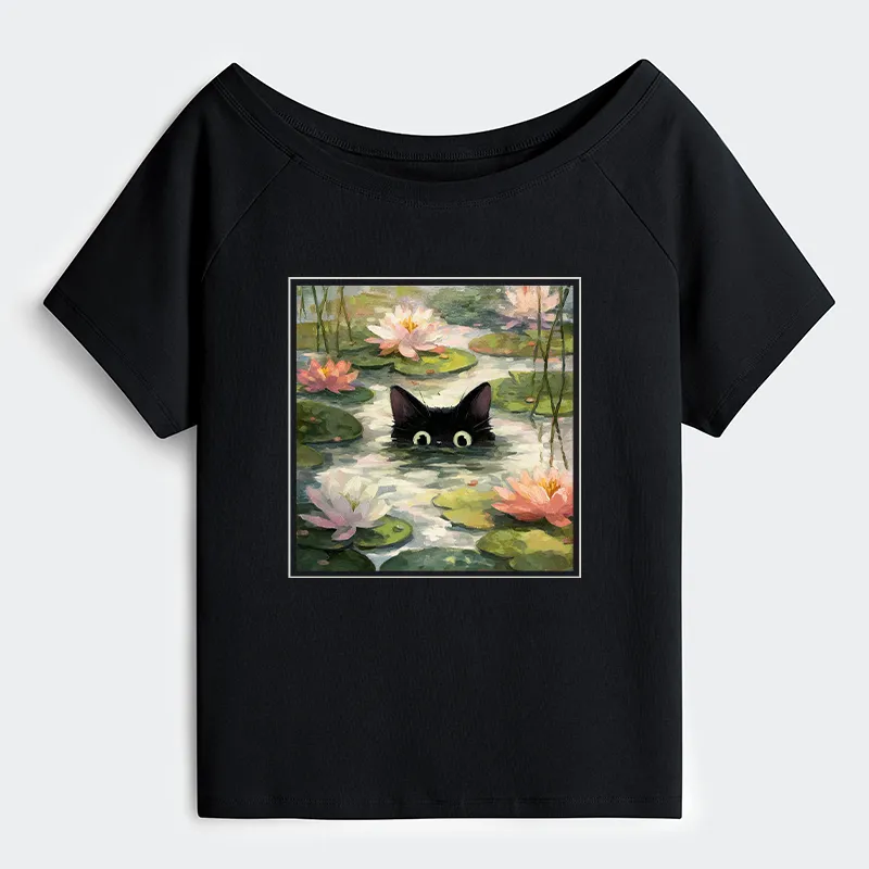 Tokyo-Tiger Black Cat and Lotus Flower Off Shoulder T-Shirt