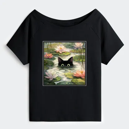 Tokyo-Tiger Black Cat and Lotus Flower Off Shoulder T-Shirt
