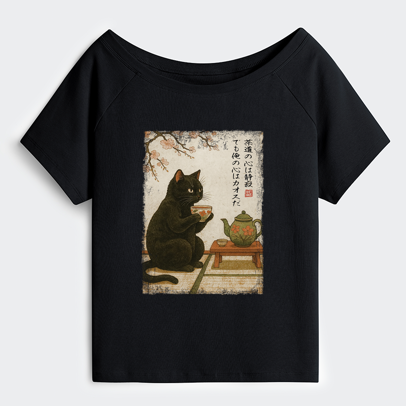 Tokyo-Tiger Tea Time With A Black Cat Off Shoulder T-Shirt