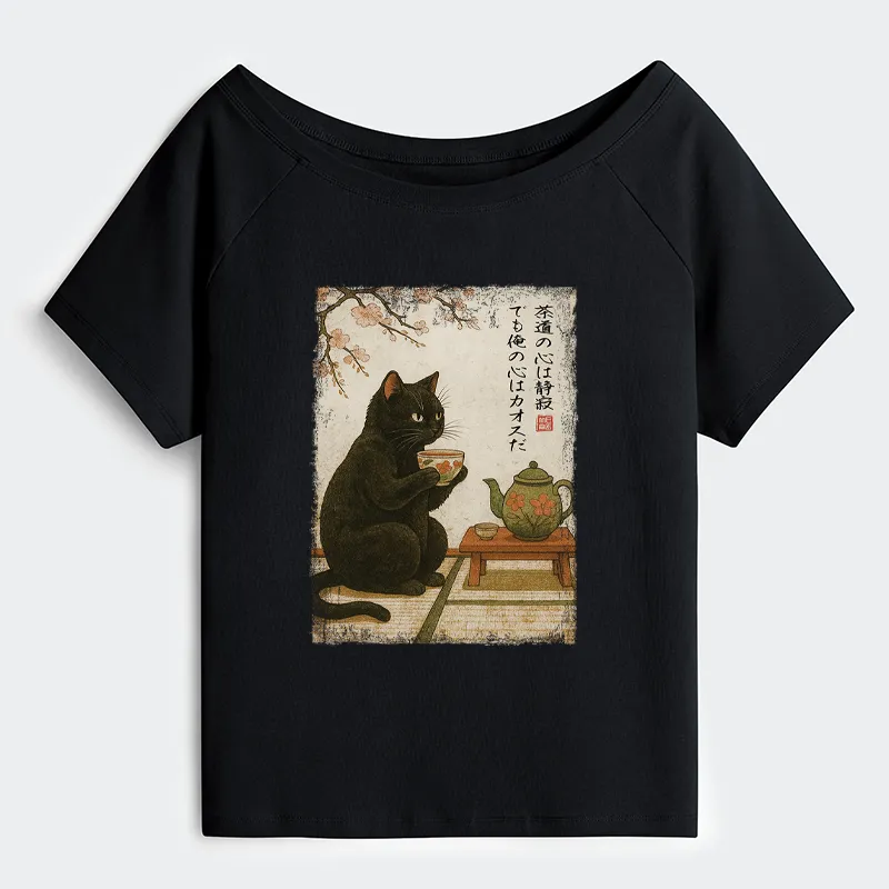 Tokyo-Tiger Tea Time With A Black Cat Off Shoulder T-Shirt