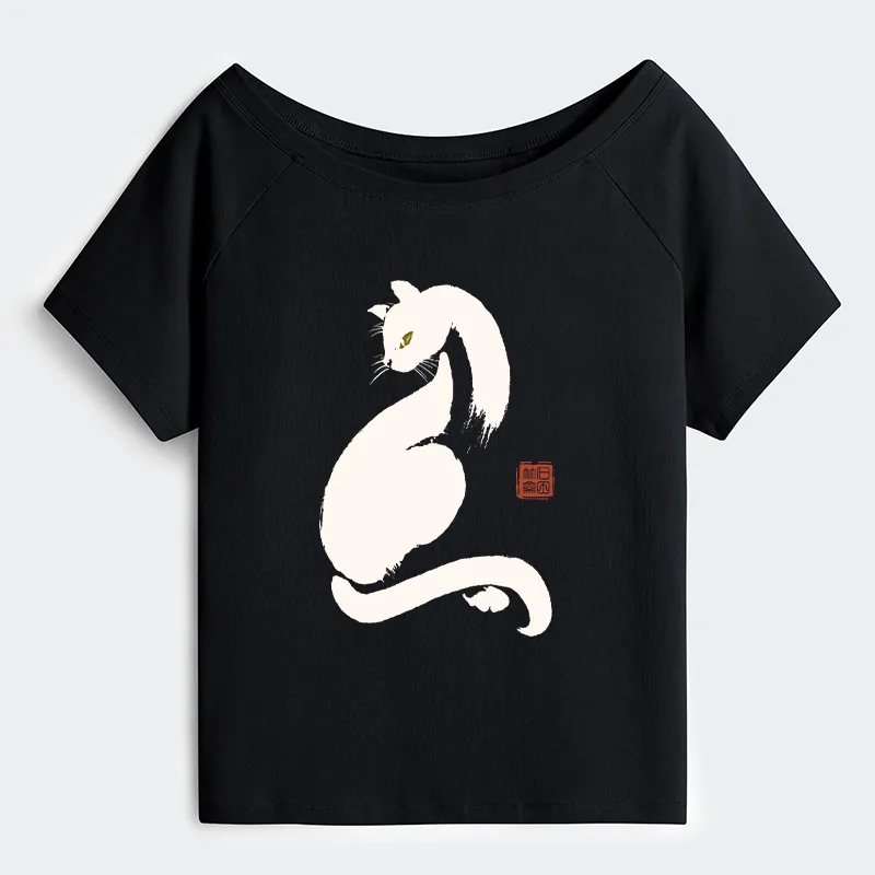 Tokyo-Tiger Elegant Black Cat Japan Off Shoulder T-Shirt