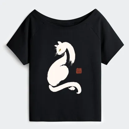Tokyo-Tiger Elegant Black Cat Japan Off Shoulder T-Shirt